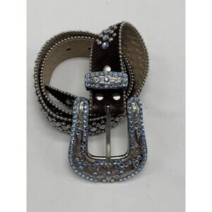 b. b. Simon Brown Leather/ horse hair Swarovski Crystal Belt Sz XL 43” Long Y2K